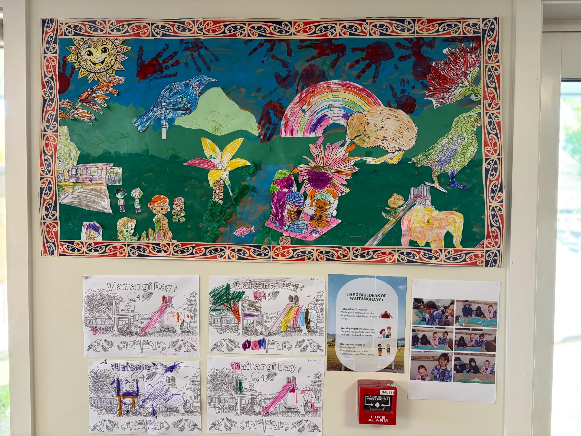 A wall display of tamariki artwork celebrating Waitangi Day with native birds and a rainbow