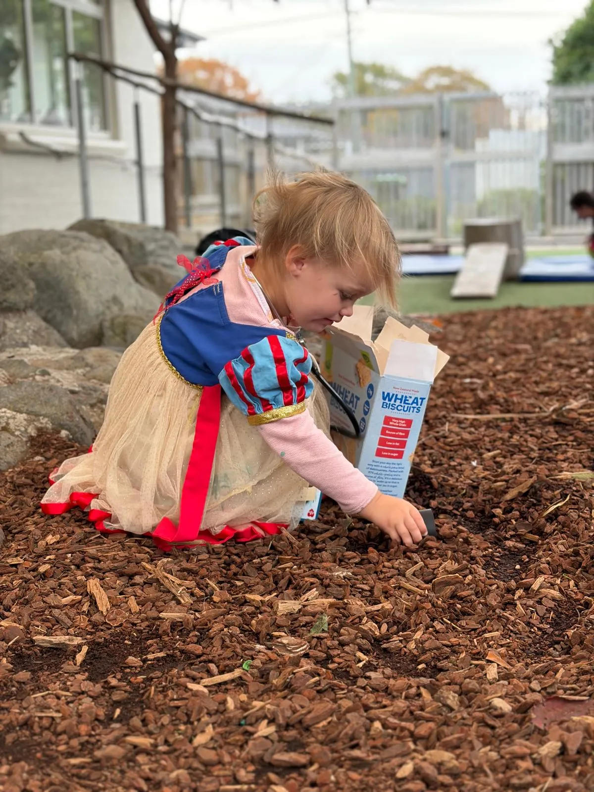 A toddler in dress ups digging in the bark garden